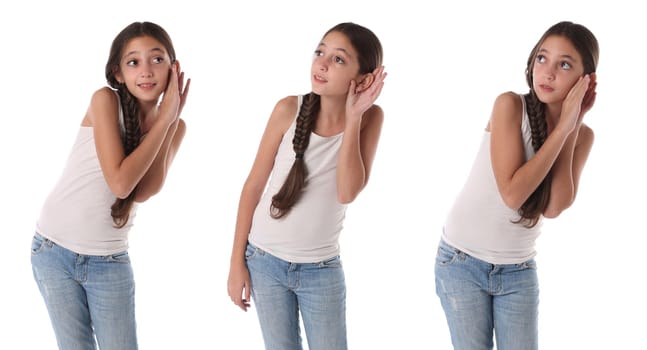 Collage of a young girl listening something. Isolated