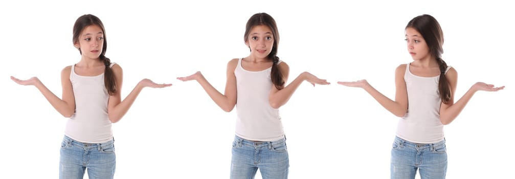 Collage of a young girl  holding blank copy space with her palm. Isolated on white