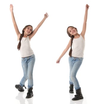 Collage of a lovely young girl doing a happy dance. Isolated on white background