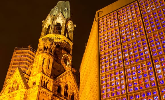 Memorial Kaiser Wilhelm Church at night, in Berlin, Germany.