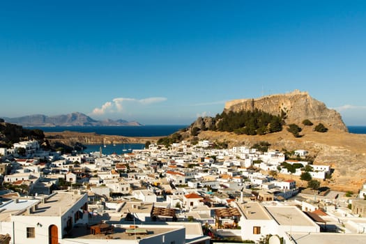Panoramic view of the village of Lindos in a sunny day