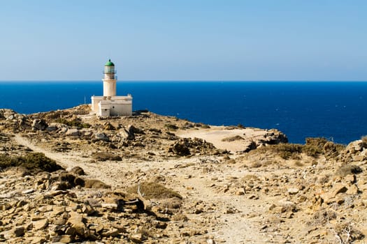 Panoramic view of the Prassonissi lighthouse in a sunny day