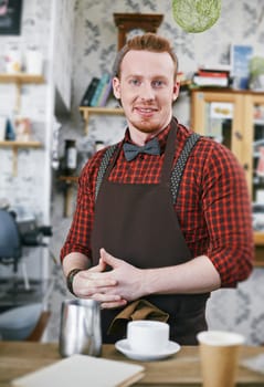 Happy barman in apron looking at camera in cafe