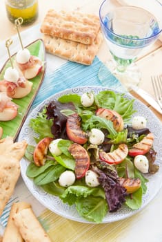 Fresh salad with grilled peaches and mozzarella