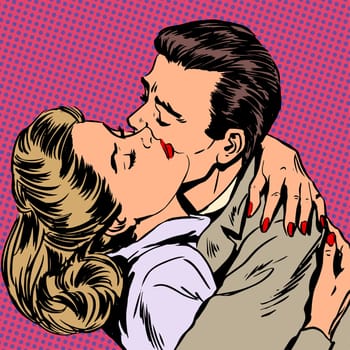 Passion man woman embrace love relationship Halftone style pop art retro vintage