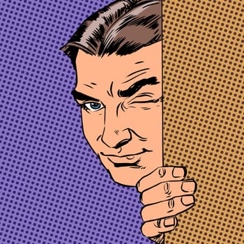 Man spy keeps peeking out from behind the wall Halftone style pop art retro vintage