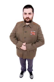 young man dressed as russian military, studio
