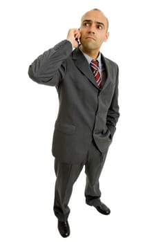 young business man looking with his phone, isolated