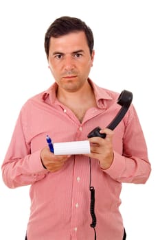 young man with a phone, isolated on white