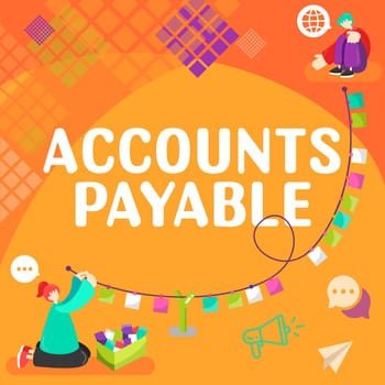 Writing displaying text Accounts Payable, Concept meaning oversee and control the various advertising activities Sitting Woman Talking And Putting Important Notes On String.