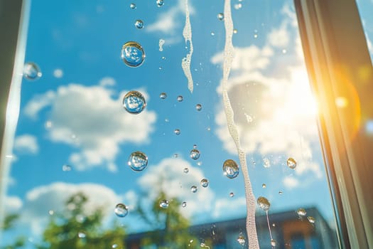 Window in soap suds. Window cleaning on a summer day.