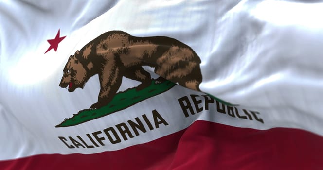 Close-up view of the California State flag waving in the wind. California is a federated state of the US located in the South West Coast. Fabric textured background. Selective focus. 3d illustration