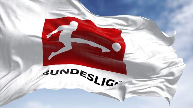 Munich, DE, Nov 2022: Close-up of the Bundesliga flag waving in the wind. Bundesliga is a professional association football league in Germany. Illustrative editorial. 3d illustration