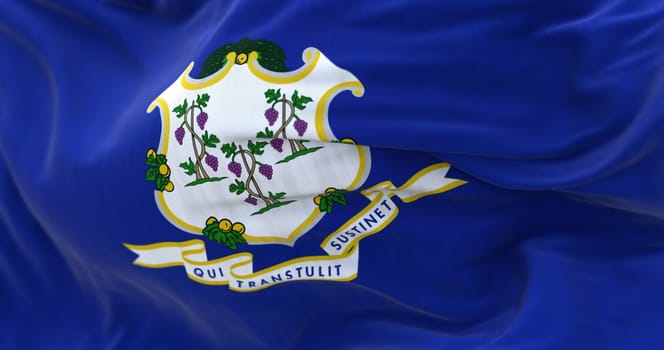 Close-up view of the Connecticut State flag waving in the wind. Fabric textured background. Selective focus. Seamless loop in slow motion. 3D render
