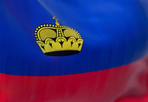 Close-up view of the Liechtenstein national flag waving. The Principality of Liechtenstein is a Central European State. Fabric textured background. Selective focus. 3D illustration