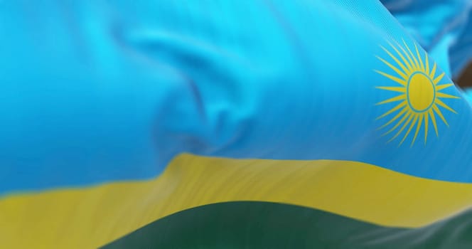 Close-up view of the Rwanda national flag waving. The Republic of Rwanda is an East African state. Fabric textured background. Selective focus. 3D illustration