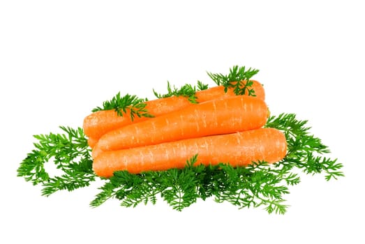 Carrots stacket up with leaves around on white background