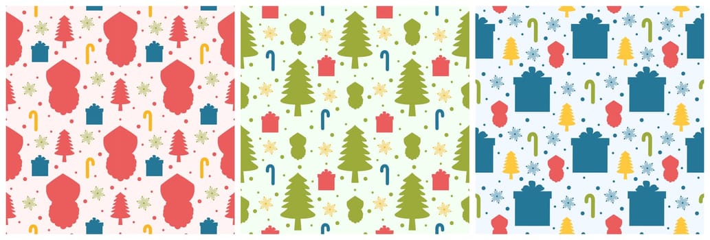 Set of Saint Nicholas Day or Sinterklaas Seamless Pattern with Gift Box and Winter Template Background Hand Drawn Cartoon Flat Illustration