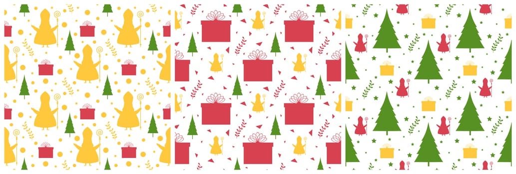 Set of Saint Nicholas Day or Sinterklaas Seamless Pattern with Gift Box and Winter Template Background Hand Drawn Cartoon Flat Illustration