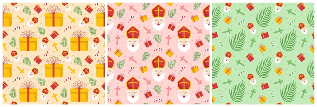 Set of Saint Nicholas Day or Sinterklaas Seamless Pattern with Gift Box and Winter Template Background Hand Drawn Cartoon Flat Illustration