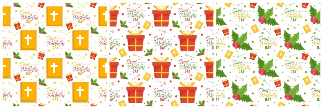 Set of Saint Nicholas Day or Sinterklaas Seamless Pattern with Gift Box and Winter Template Background Hand Drawn Cartoon Flat Illustration