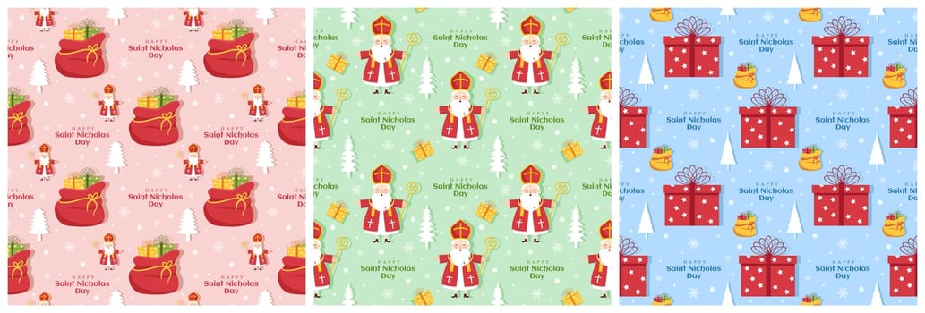 Set of Saint Nicholas Day or Sinterklaas Seamless Pattern with Gift Box and Winter Template Background Hand Drawn Cartoon Flat Illustration