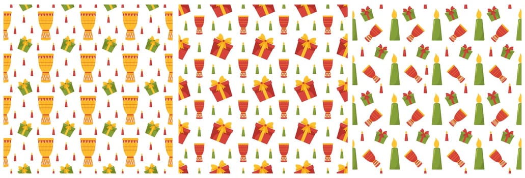 Set of Happy Kwanzaa Holiday African Seamless Pattern Design with Festival Style Element on Template Hand Drawn Cartoon Flat Illustration