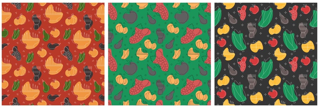 Set of Happy Kwanzaa Holiday African Seamless Pattern Design with Festival Style Element on Template Hand Drawn Cartoon Flat Illustration