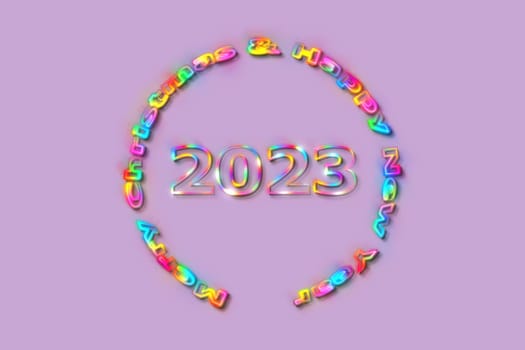 3D illustration New Year concept 2023 design with text glow rainbow design on a purple rose color background.
