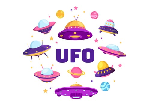 UFO Flying Spaceship with Rays of Light in Sky Night City View and Alien in Flat Cartoon Hand Drawn Templates Illustration