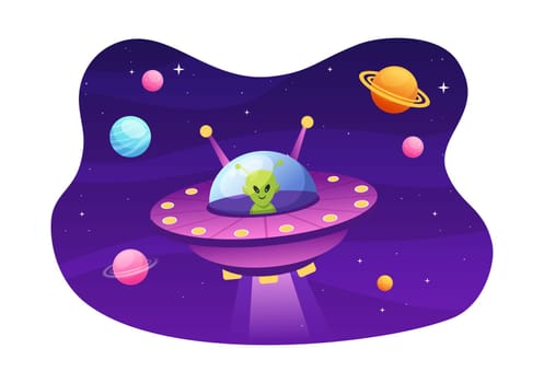 UFO Flying Spaceship with Rays of Light in Sky Night City View and Alien in Flat Cartoon Hand Drawn Templates Illustration