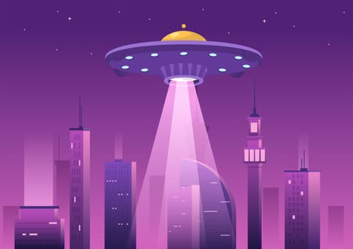 UFO Flying Spaceship with Rays of Light in Sky Night City View and Alien in Flat Cartoon Hand Drawn Templates Illustration