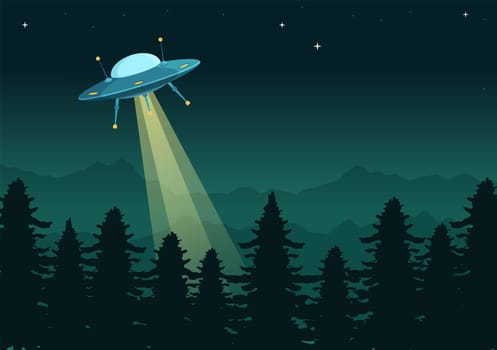 UFO Flying Spaceship with Rays of Light in Sky Night City View and Alien in Flat Cartoon Hand Drawn Templates Illustration