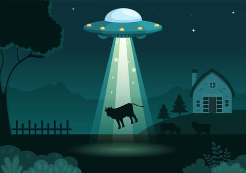 UFO Flying Spaceship with Flying Saucer Over the City Sky Abducts Human or Animals in Flat Cartoon Hand Drawn Templates Illustration