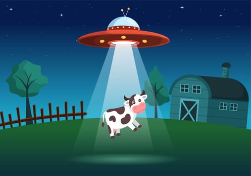 UFO Flying Spaceship with Flying Saucer Over the City Sky Abducts Human or Animals in Flat Cartoon Hand Drawn Templates Illustration