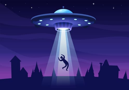 UFO Flying Spaceship with Flying Saucer Over the City Sky Abducts Human or Animals in Flat Cartoon Hand Drawn Templates Illustration