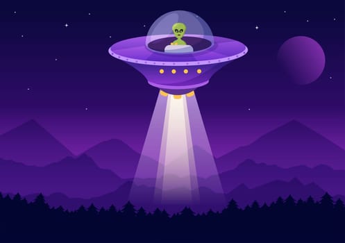 UFO Flying Spaceship with Rays of Light in Sky Night City View and Alien in Flat Cartoon Hand Drawn Templates Illustration