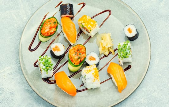 Appetizing sushi rolls on the plate. Seafood