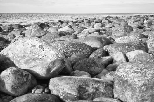 Big stones on stone beach in black and white taken in front of sea with clouds in sky. Denmark in Scandinavia. Landscape shot from nature in the north