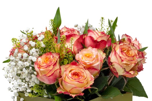 Closeup of a beautiful bouquet of red yellow roses in a decorative green gift box isolated on a white background. Macro. Valentine, Wedding or other holidays.