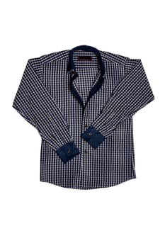 Checked shirts. Close-up of a blue gray and white tartan or plaid shirt for mens isolated on a white background. Clipping path. Summer fashion of mans clothes.