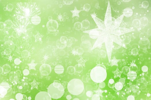 Abstract blurred festive light green white winter christmas or Happy New Year background texture with shiny light green bokeh circles and stars. Card concept.