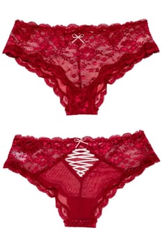Underwear woman isolated. Close-up of a luxurious elegant sexy red lacy thongs panties isolated on a white background. Underwear fashion. Front and back view.