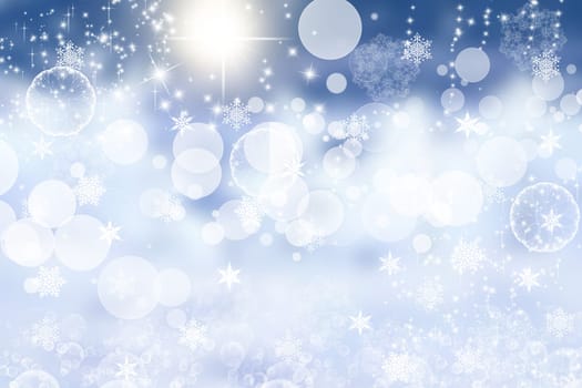 Abstract blurred festive light blue winter christmas or Happy New Year background texture with shiny blue and white bokeh lighted glittering snowflakes and stars. Space for your design. Card concept.
