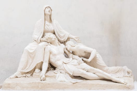 Possagno, Italy - August 2022: Antonio Canova sculpture,  Lamentation over the Dead Christ - 1822