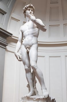 Florence, Italy - Circa August 2021: David sculpture by Michelangelo Buonarroti. The masterpiece of the Renaissance art.