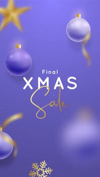 Xmas Sale vertical banner design with realistic hanging balls, snowflakes. Festive advertising poster. Template for vertical banner, website advertising, party invitation, social media, stories.