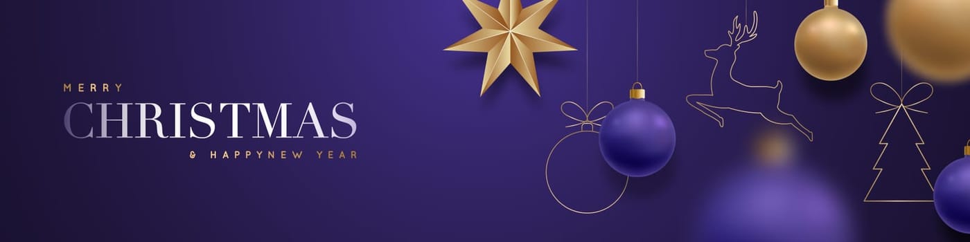 Christmas luxury banner design with hanging golden and dark purple balls, star, deer, xmas tree. Universal vector background for banner, flyers, advertising, web header.