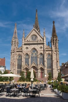The church Temple Saint-Etienne at the Place de la Réunion in the old town of Mulhouse in France