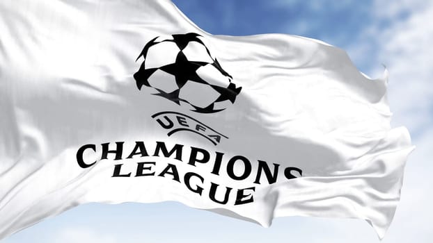 Istanbul TR, Nov 2022: The UEFA Champions league flag waving on a clear day. Champion League is the most prestigious club competition in European football. Fabric textured background.